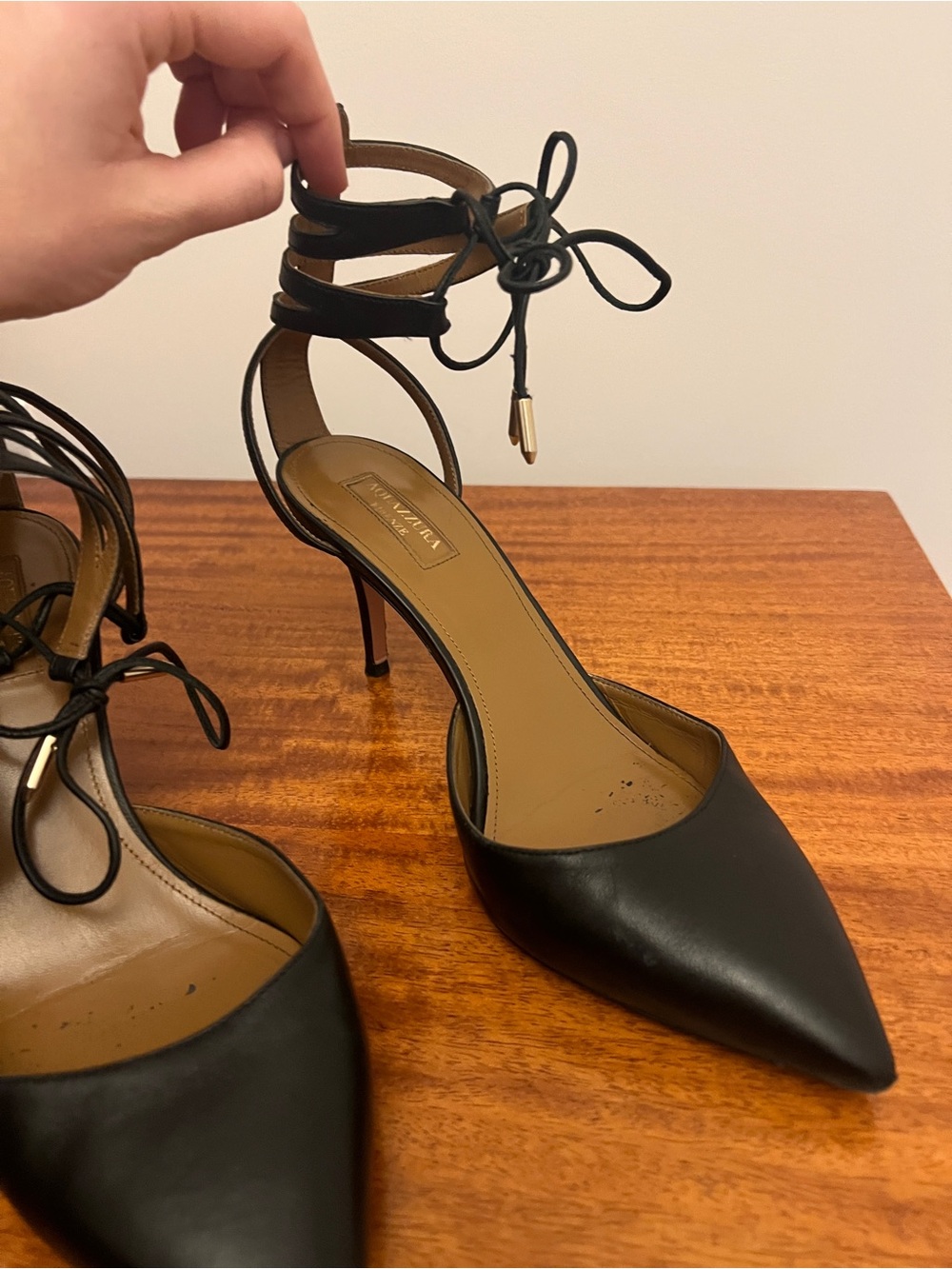Aquazzura Black Pointed Leather Ankle-Tie Pumps